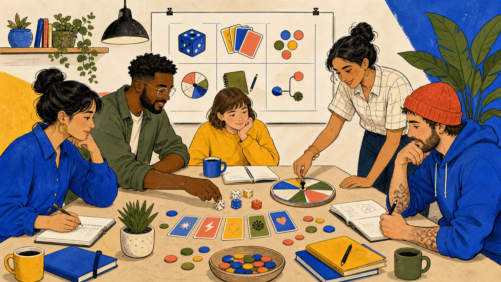 A diverse creative team uses dice, cards, tokens, and a spinner at a shared table to choose random ideas together.
